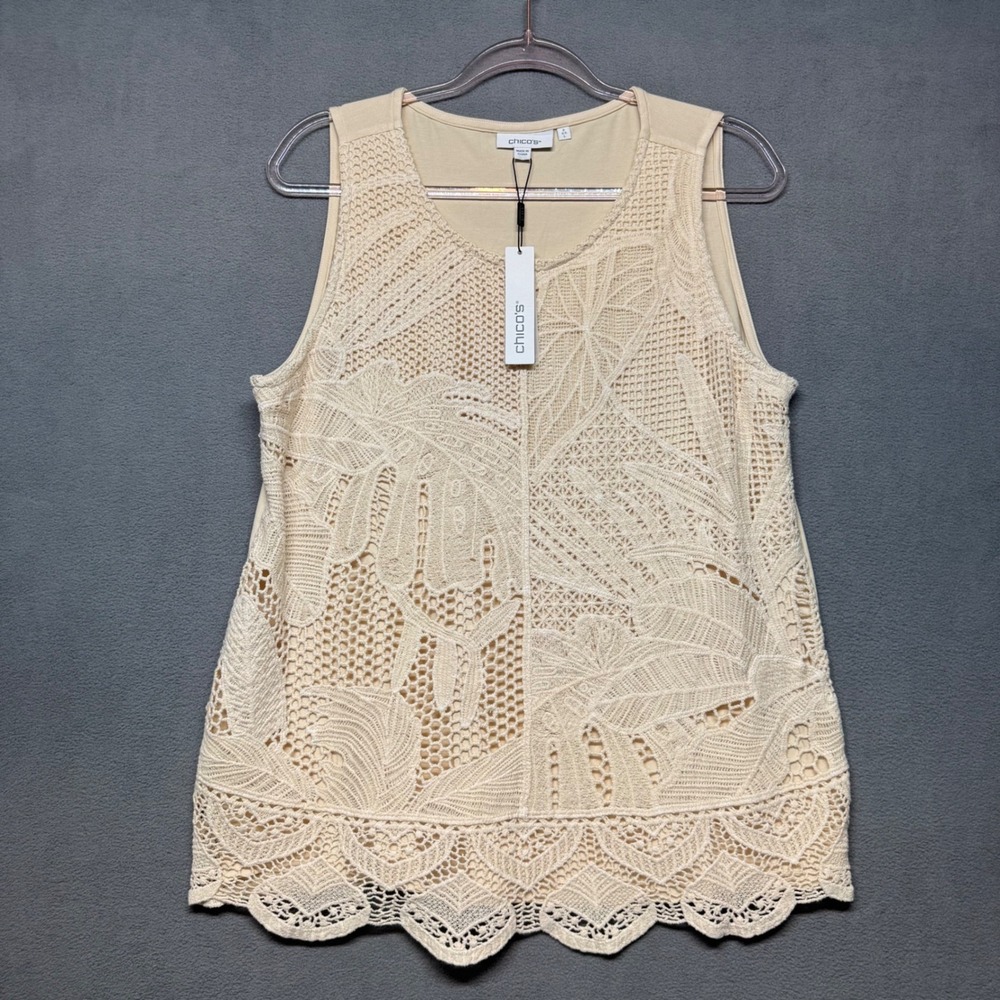 Chicos Touch Of Cool Crochet Polished Tank Glistening Sand 2 L Boho Cottagecore